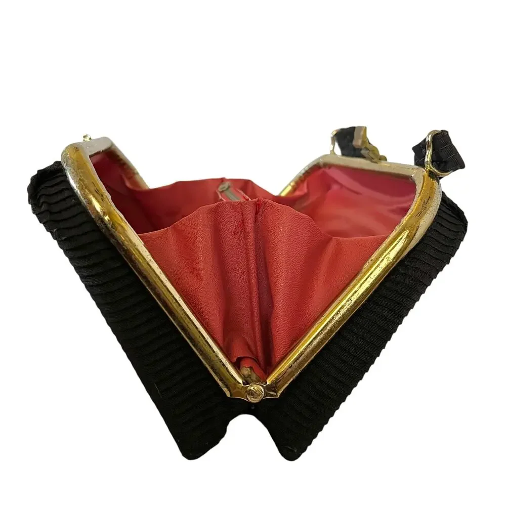 1950s Vintage Black Pleated Faille Top Handle Frame Handbag